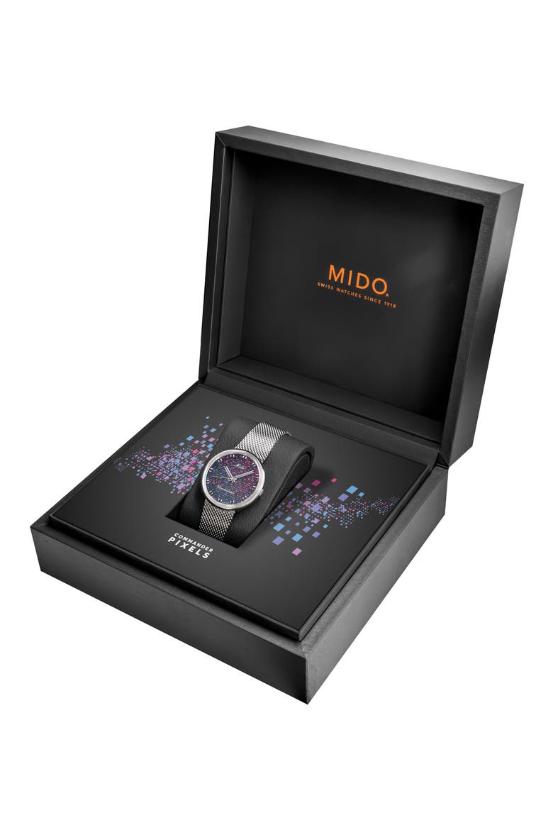 Commander 1959 Pixel Dial Automatic Mesh Strap Watch, 37mm, Alternate, color, BLACK MULTI