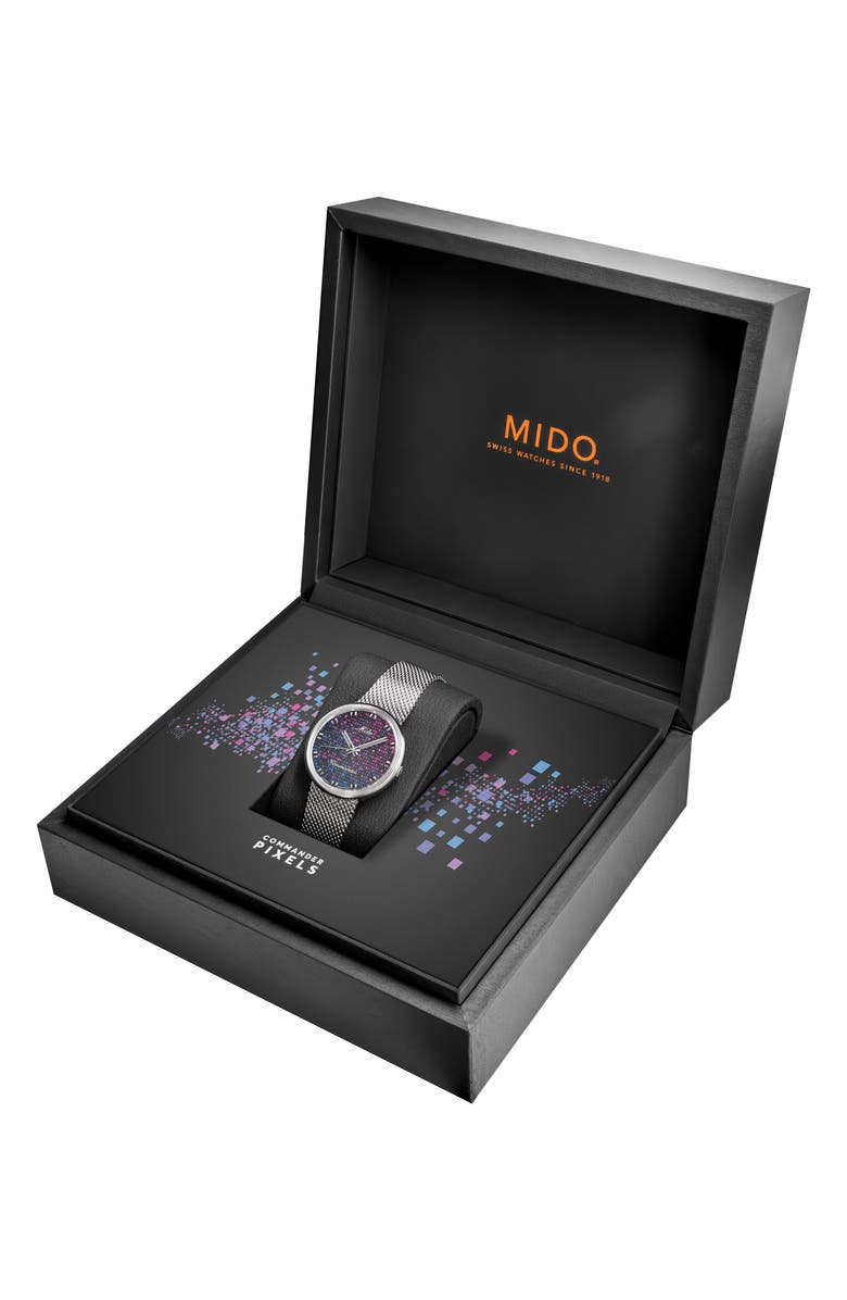 MIDO Commander 1959 Pixel Dial Automatic Mesh Strap Watch, 37mm, Alternate, color, Black Multi