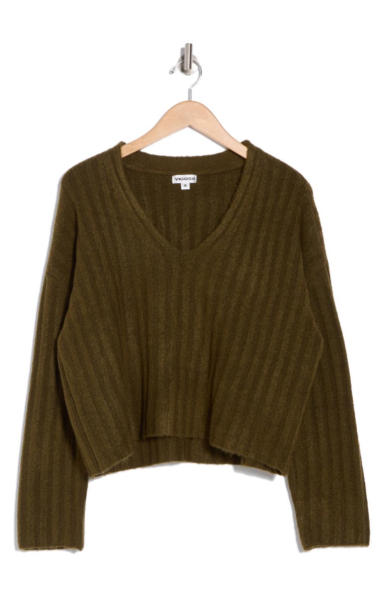Vigoss V-Neck Mossy Ribbed Sweater, Alternate, color, Olive