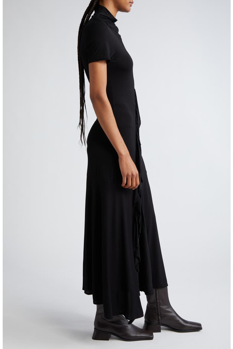 Wauto Funnel Neck Ruffle Detail Jersey Midi Dress, Alternate, color, BLACK