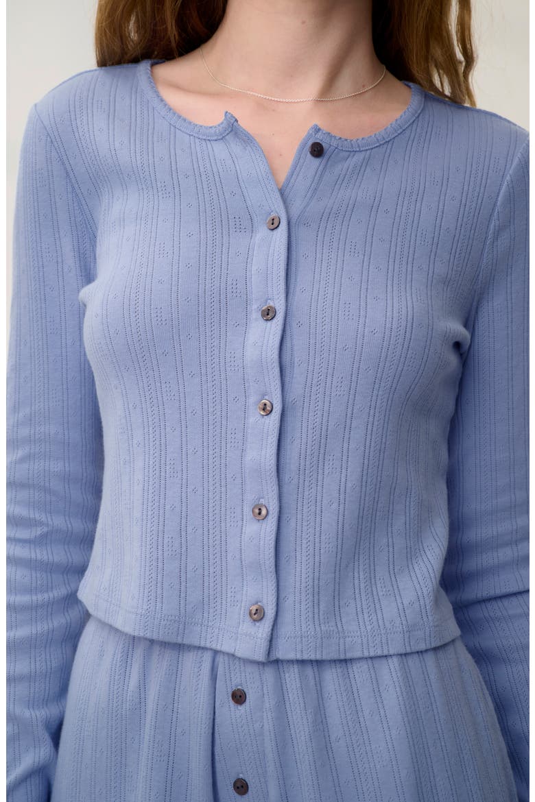 Short Sleeve Pointelle Cardigan, Alternate, color, BLUEBELL BLOOM