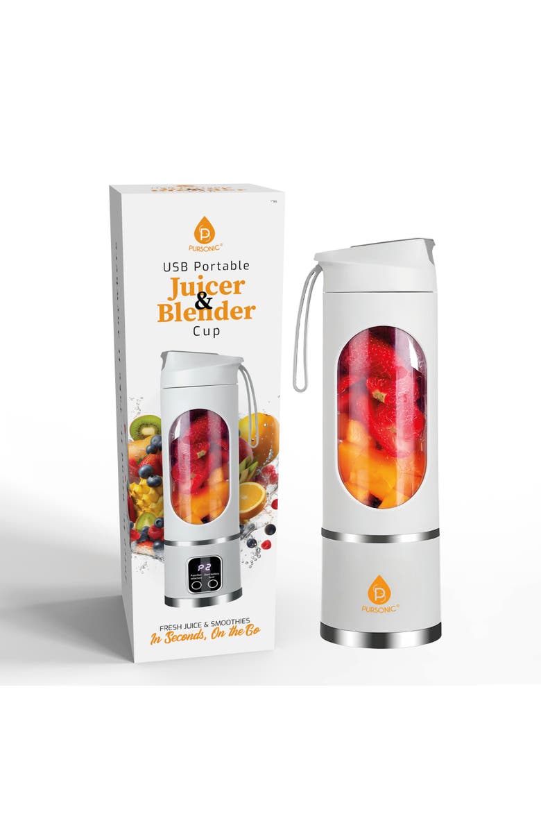 PURSONIC USB Portable Juicer & Blender Cup On-the-Go 12-Blade Smoothie Maker with 3-Speed Motor & USB-C Fast Charging, Main, color, White