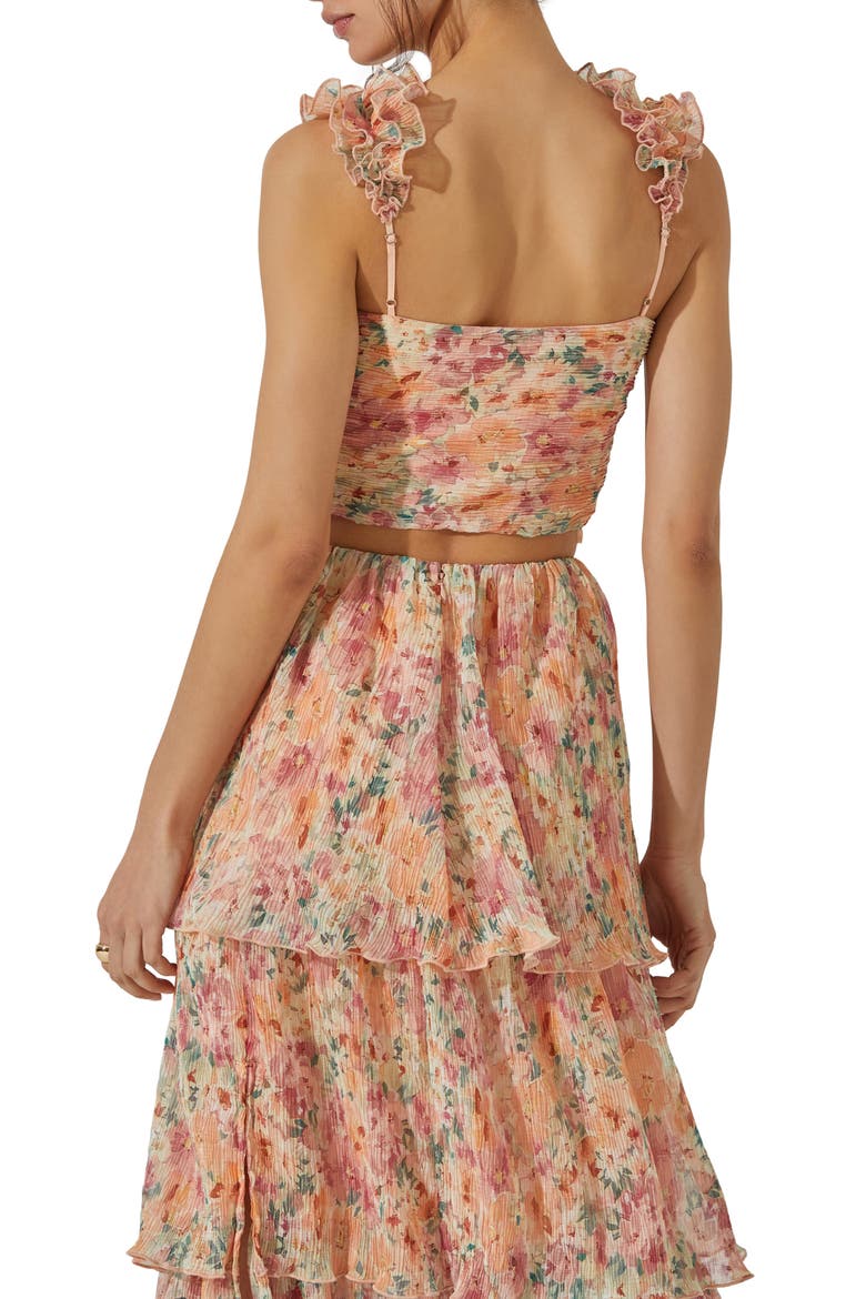 Floral Ruffle Strap Plissé Crop Top, Alternate, color, GREEN ORAN