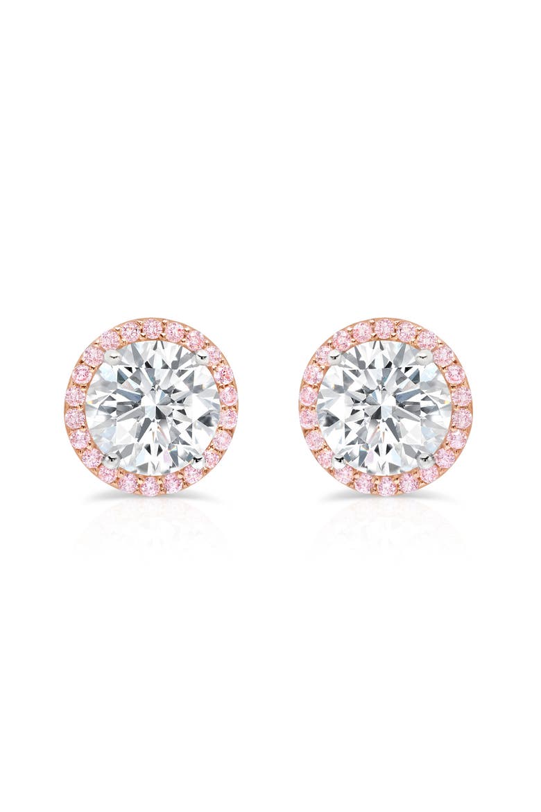 Brilliant Cut Pink Cubic Zirconia Halo Stud Earrings, Main, color, PURE PLATINUM/ CLEAR STONE