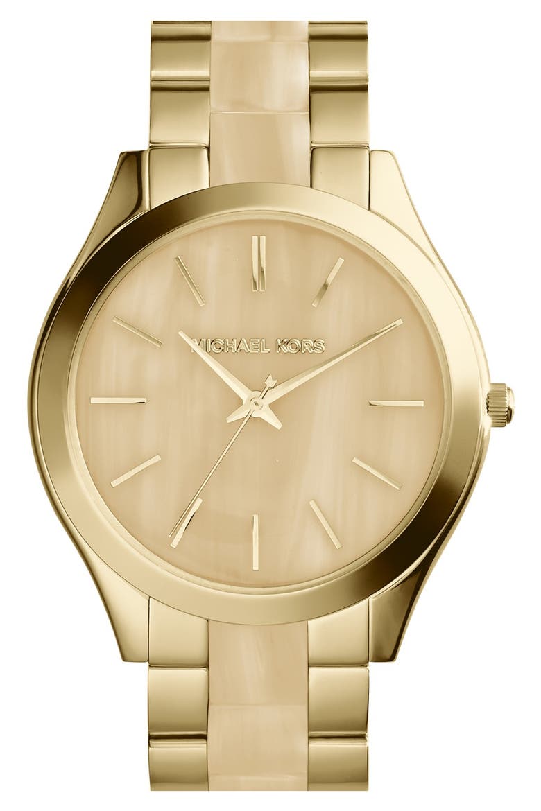 Michael Kors 'Slim Runway' Round Bracelet Watch, 42mm, Main, color, HORN/ GOLD
