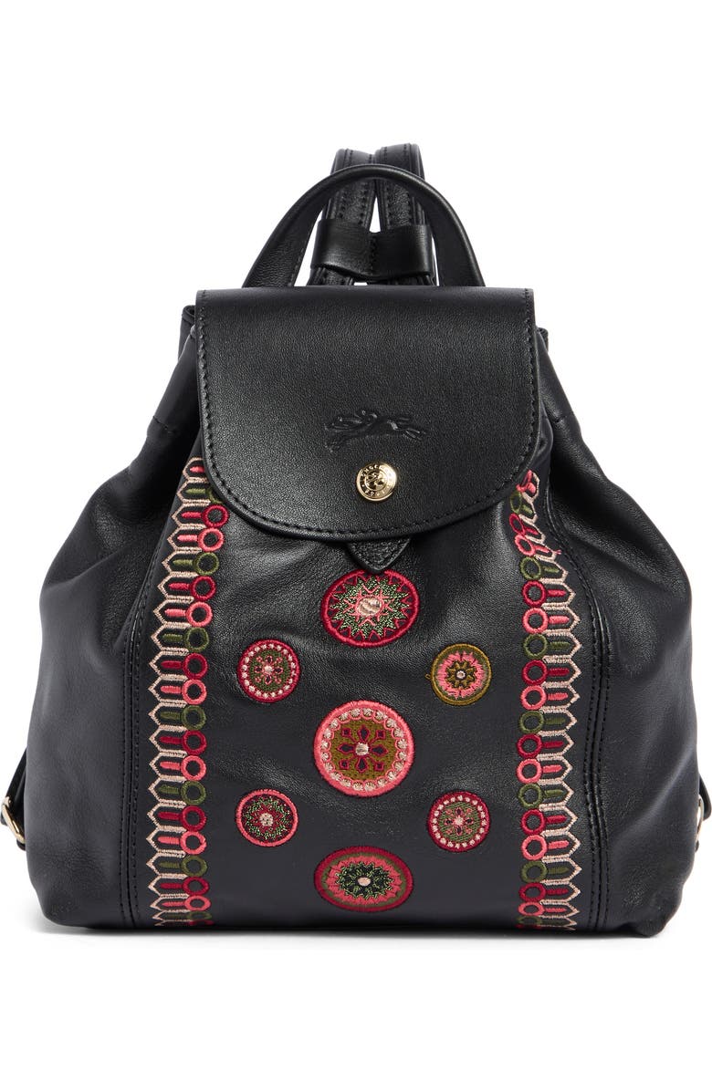 Longchamp Embroidered Leather Backpack, Main, color, Black/Fig/Khaki