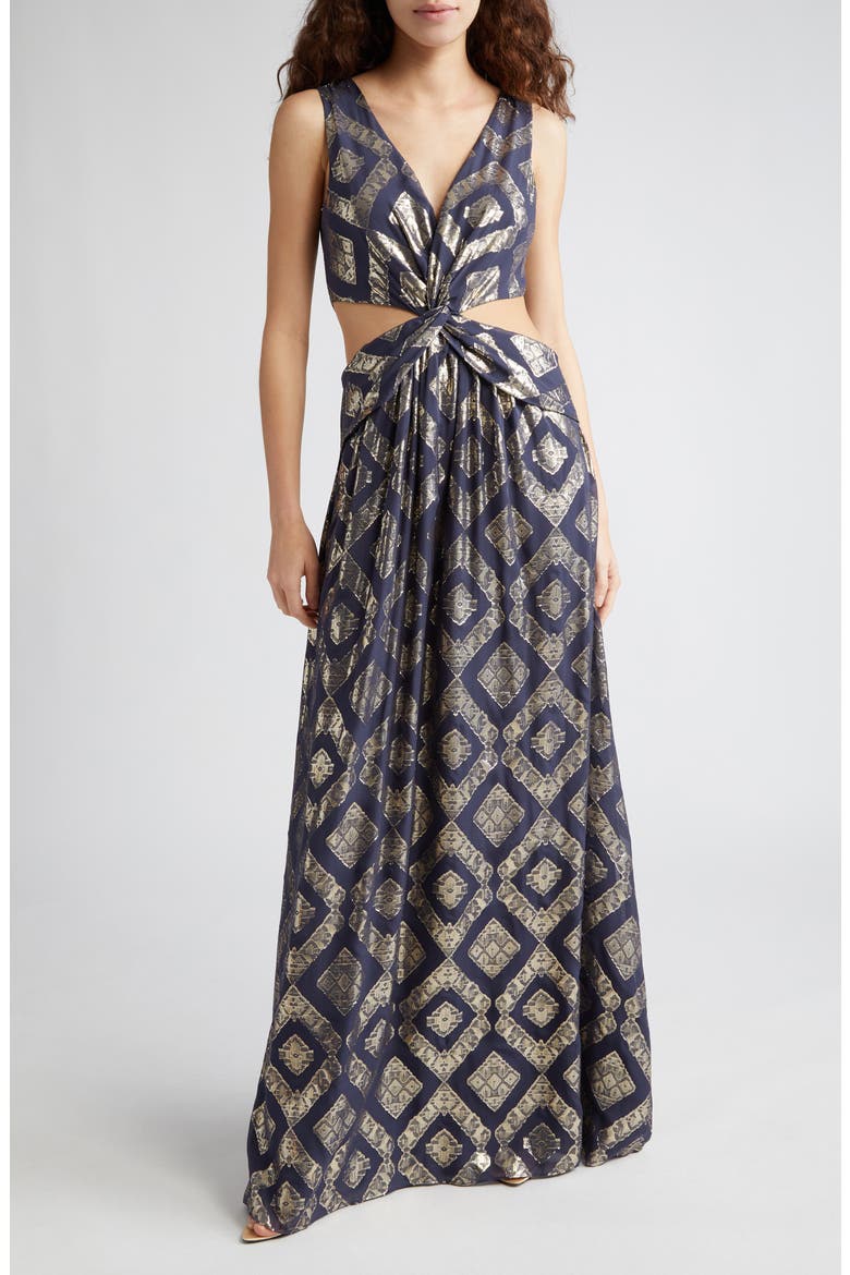 Irene Metallic Cutout Silk Blend Gown, Main, color, NAVY METALLIC JACQUARD