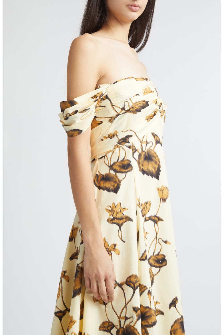 Chiné Cyclamen Stretch Poplin Off the Shoulder Dress, Alternate, color, BROWN/ LIGHT BUTTER