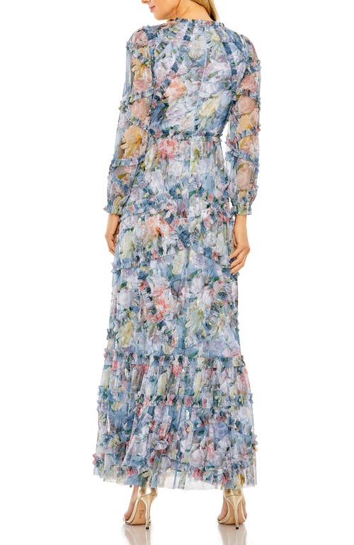 Mac Duggal Floral Long Sleeve High Neck Ruffle Detail Gown In Platinum Multi