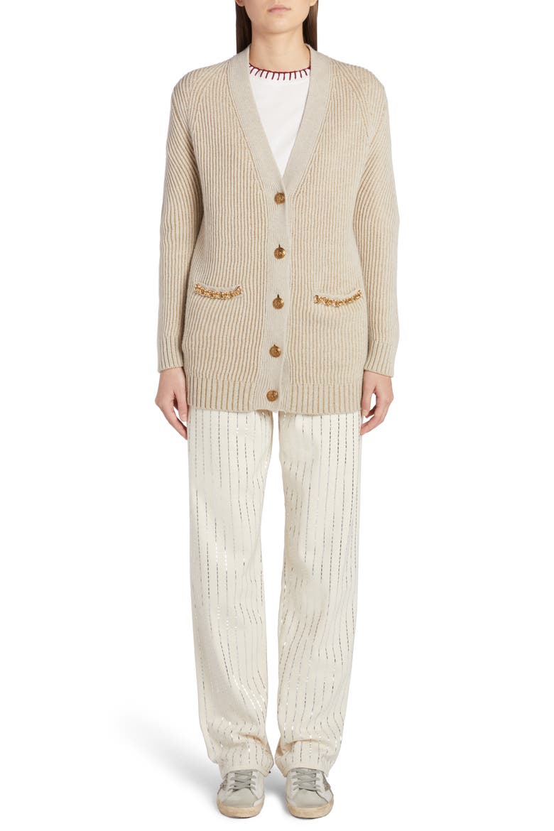 Chain Detail Wool Blend Rib Cardigan, Alternate, color, LAMBS WOOL/ GOLD