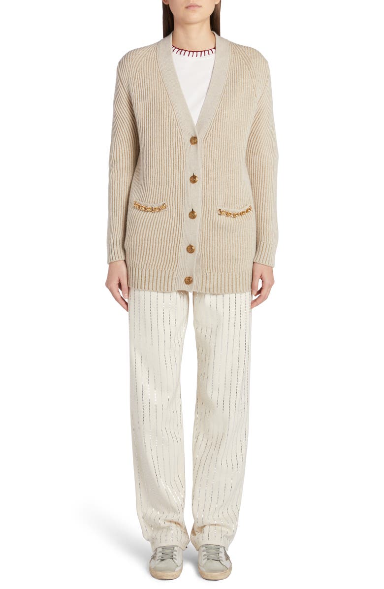 Golden Goose Chain Detail Wool Blend Rib Cardigan, Alternate, color, Lambs Wool/ Gold