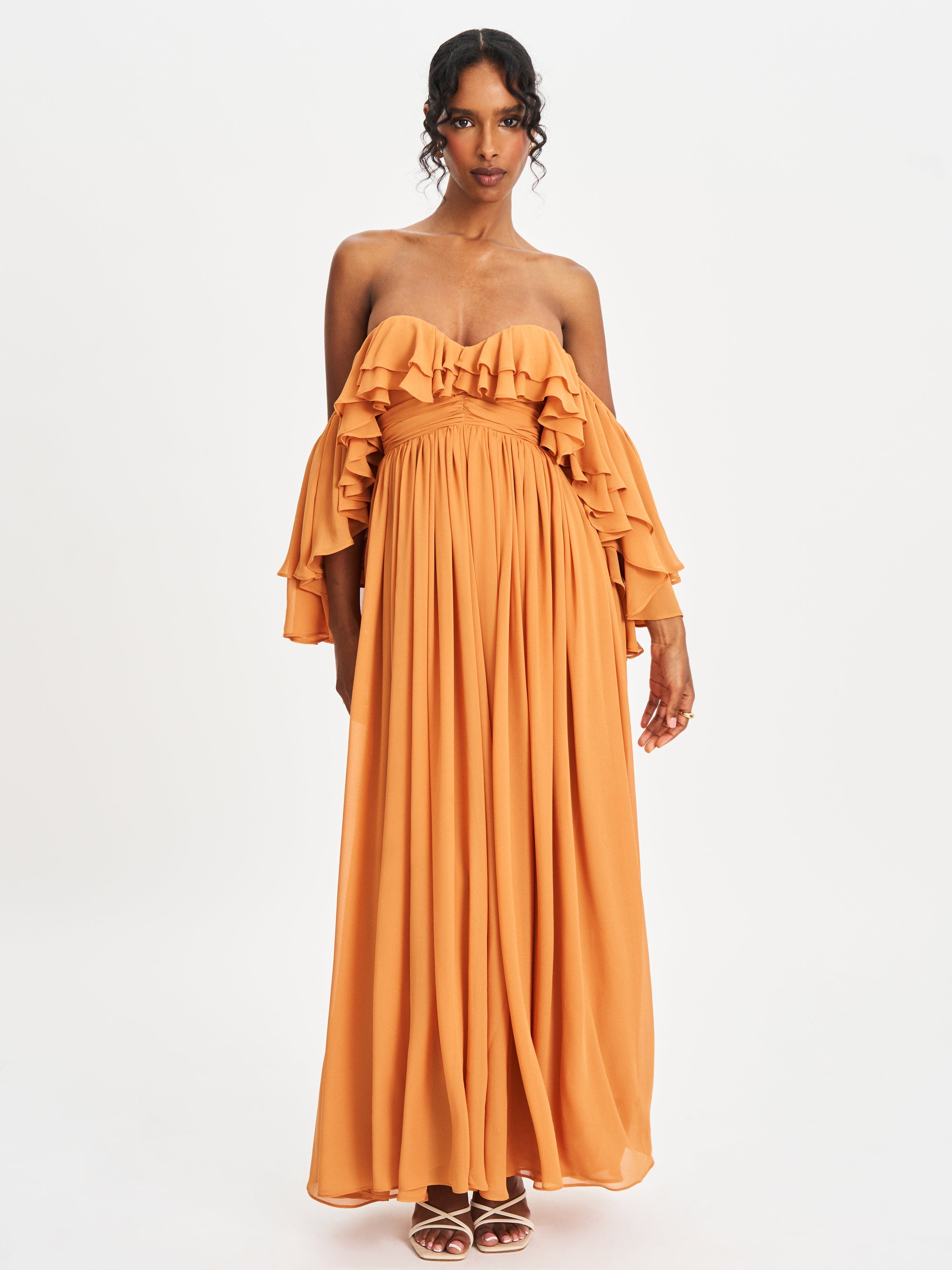 chiffon off the shoulder maxi dress Vintage Baroque Off-Shoulder Chiffon Maxi Dress in Peach