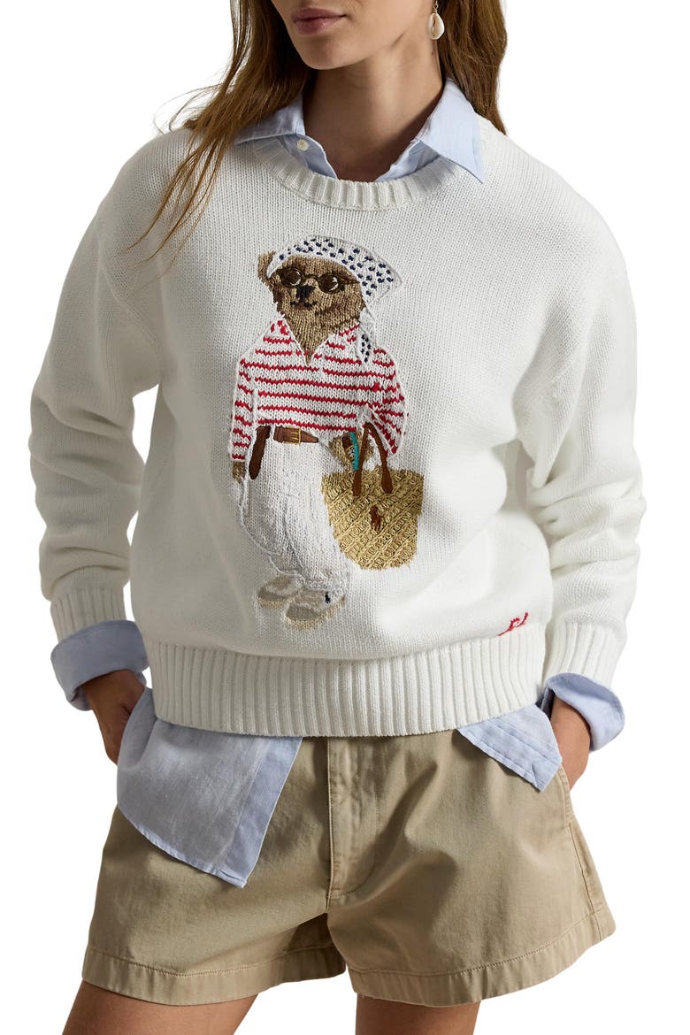Polo Bear Crewneck Cotton Sweater, Main, color, WHITE MULTI