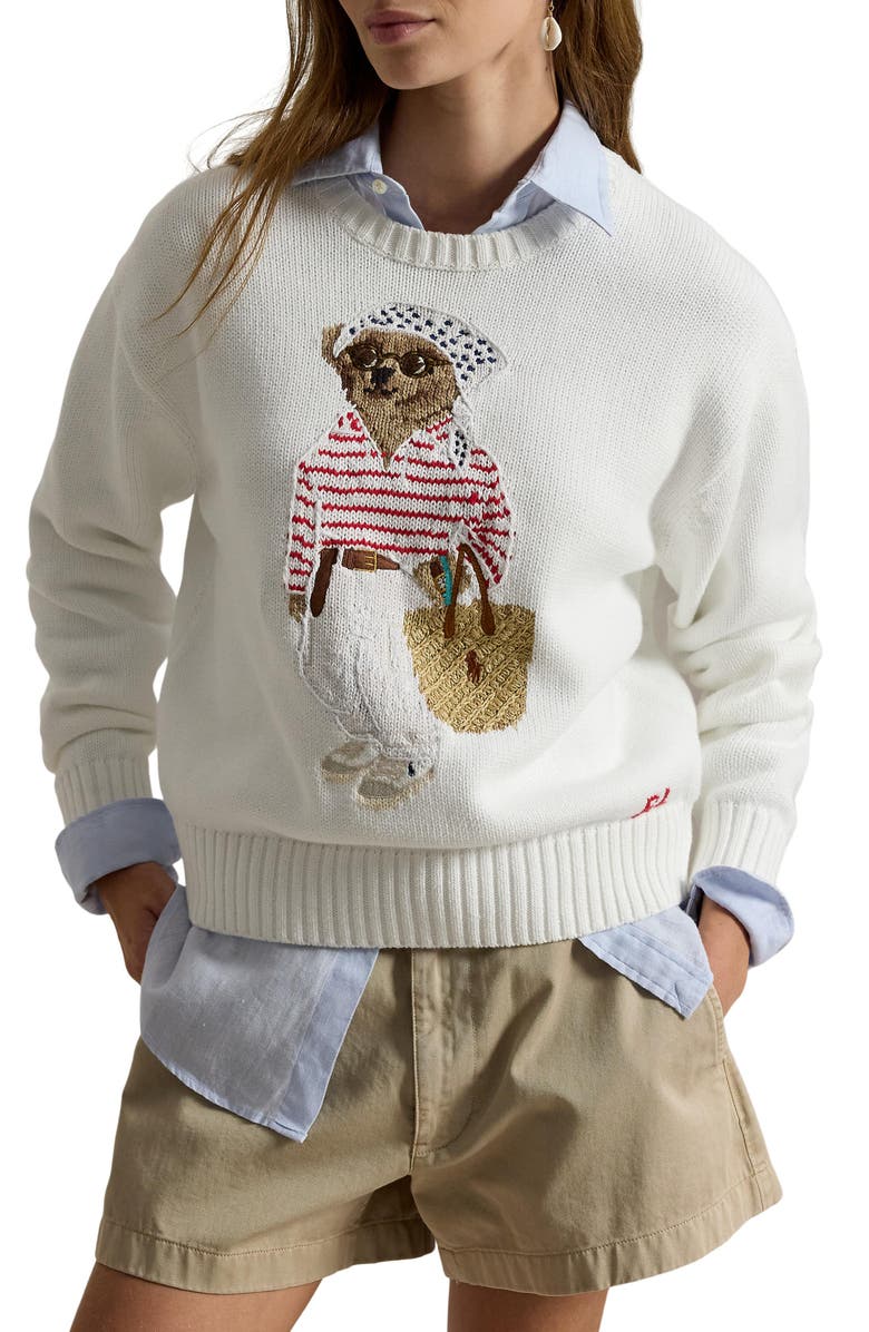 Polo Ralph Lauren Polo Bear Crewneck Cotton Sweater, Main, color, White Multi
