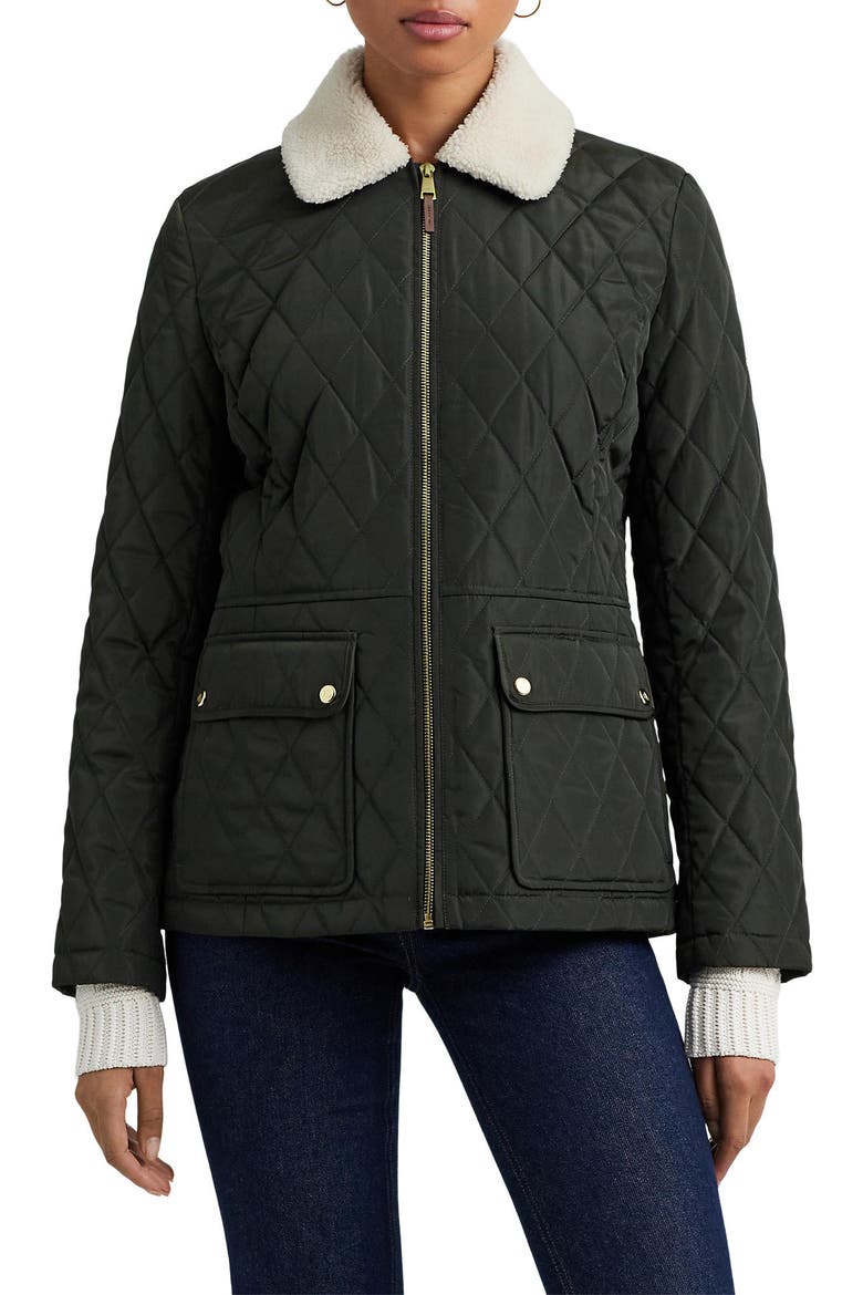 Berber Quilted Faux Shearling Trim Jacket, Main, color, LITCHFIELD LODEN