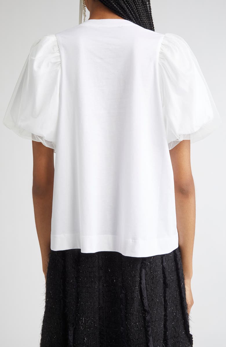 Simone Rocha Tulle Overlay Puff Sleeve T-Shirt with Faux Pearl Trim, Alternate, color, White/ Pearl