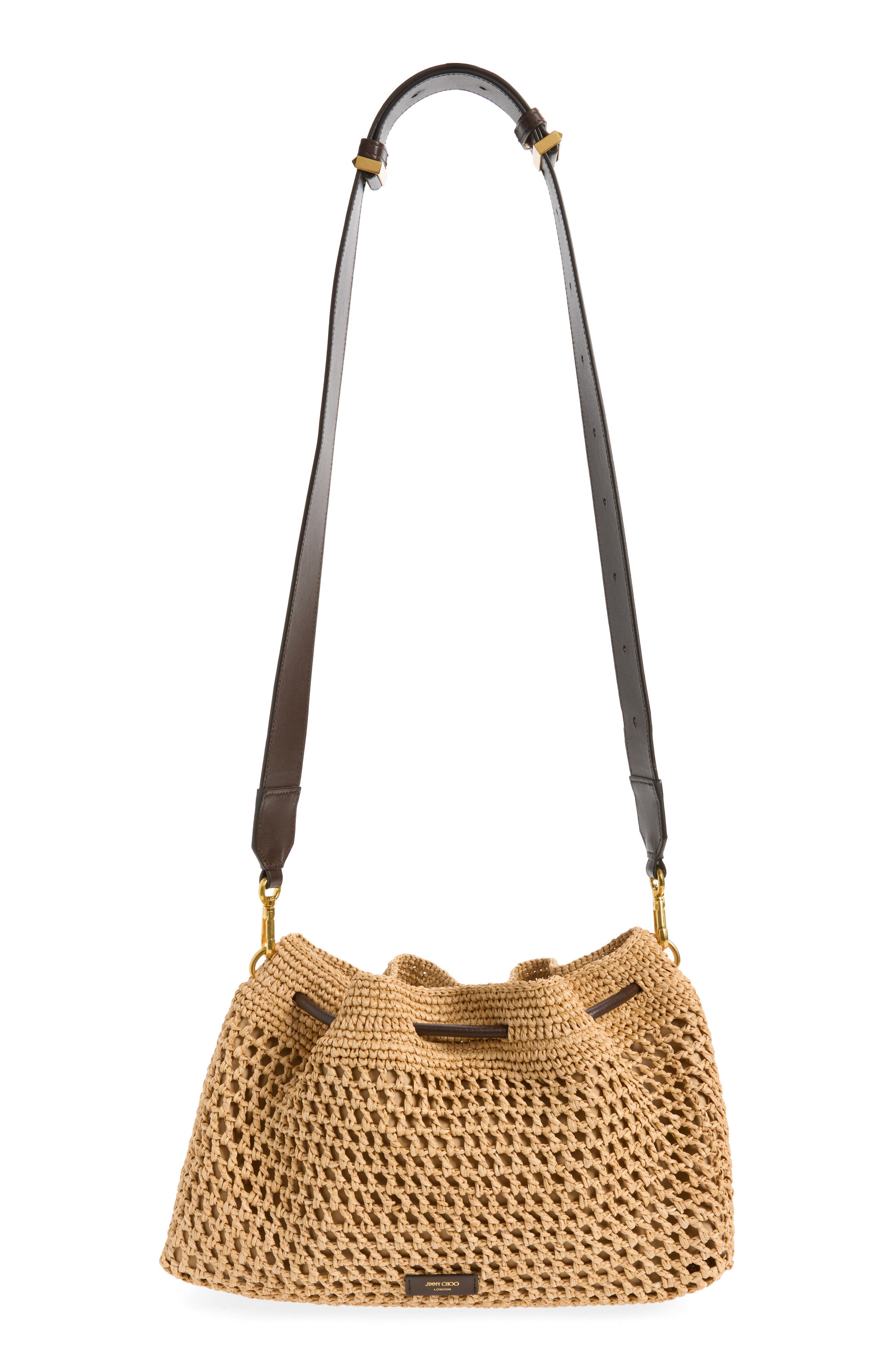Jimmy Choo Bon Bon Fringe Raffia East/West Bucket Bag, Alternate, color, Natural/ Chocolate/ Gold
