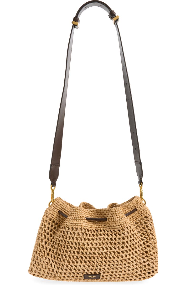 Jimmy Choo Bon Bon Fringe Raffia East/West Bucket Bag, Alternate, color, Natural/ Chocolate/ Gold
