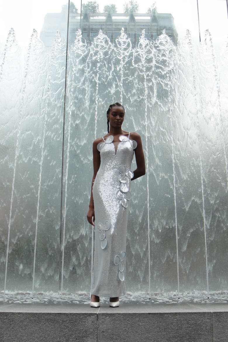 Sequin Maxi Bustier Dress With Floral Appliques and Layered Petals, Alternate, color, Light Blue