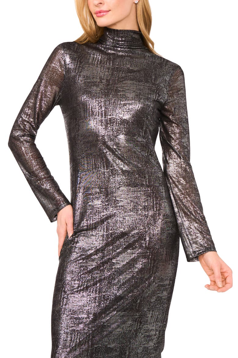 Metallic Long Sleeve Midi Dress, Alternate, color, RICH BLACK