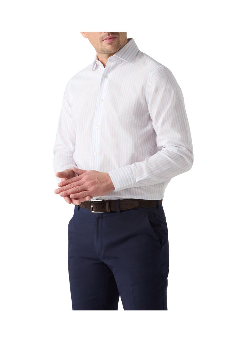 Reynolds Blue Multi Thin Stripe Cotton Linen Blend Shirt in Contemporary fit, Main, color, Raspberry