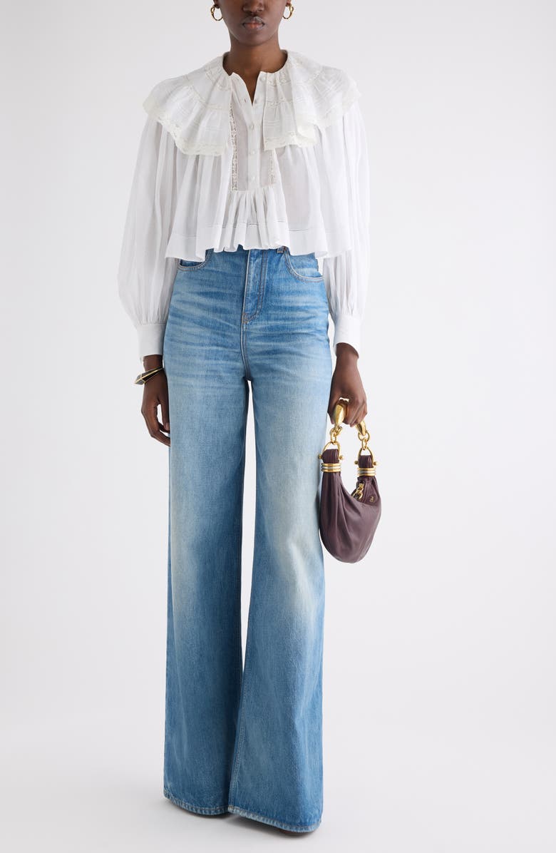 Chloé Lace Trim Cotton Pullover Shirt, Alternate, color, Iconic Milk