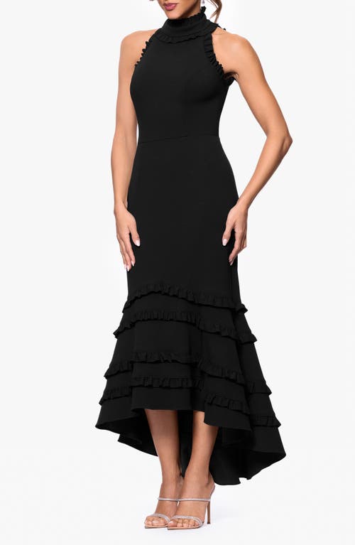 Xscape Evenings Ruffle Detail Open Back High-low Gown In Black