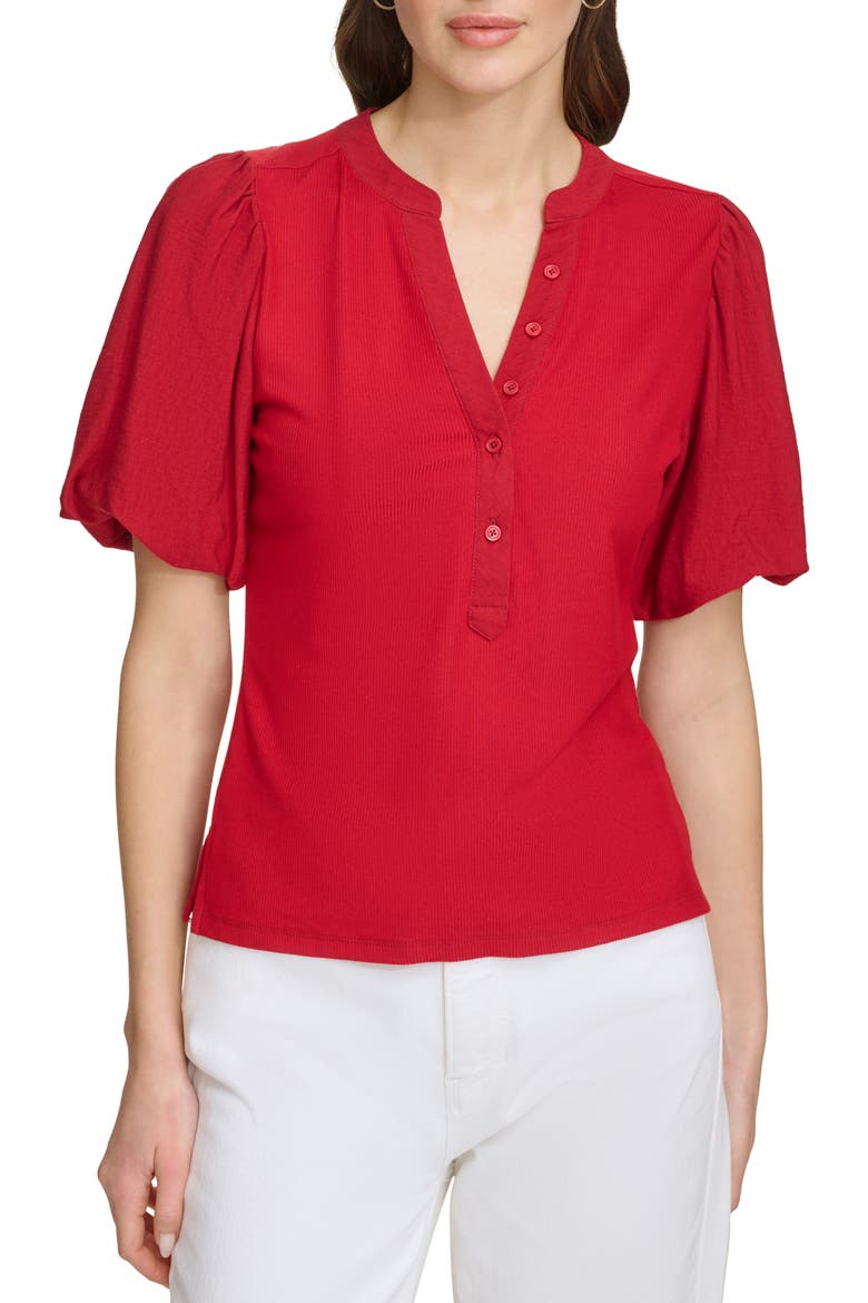 Rib Crinkle Sleeve Henley Top, Main, color, SANGRIA