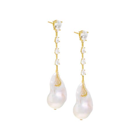 Dangling CZ Baroque Pearl Stud Earring