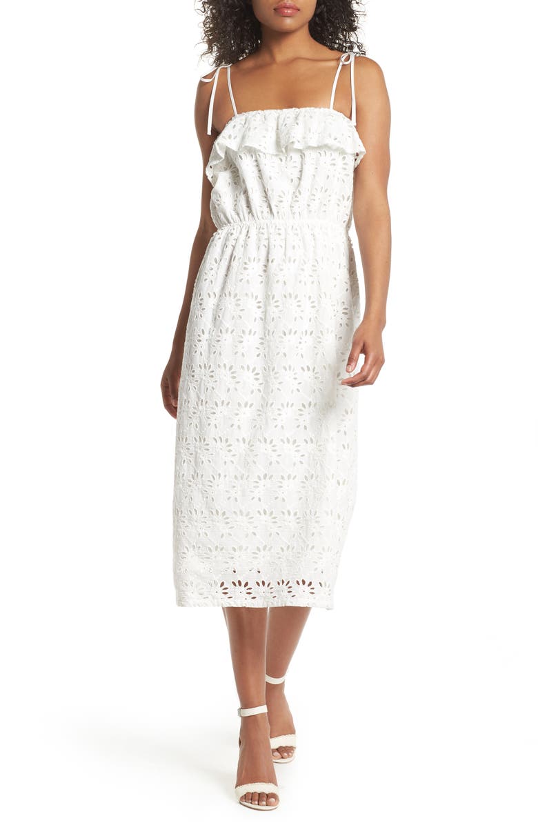 FIRST MONDAY Ruffle Broderie Anglaise Sundress, Main, color, 