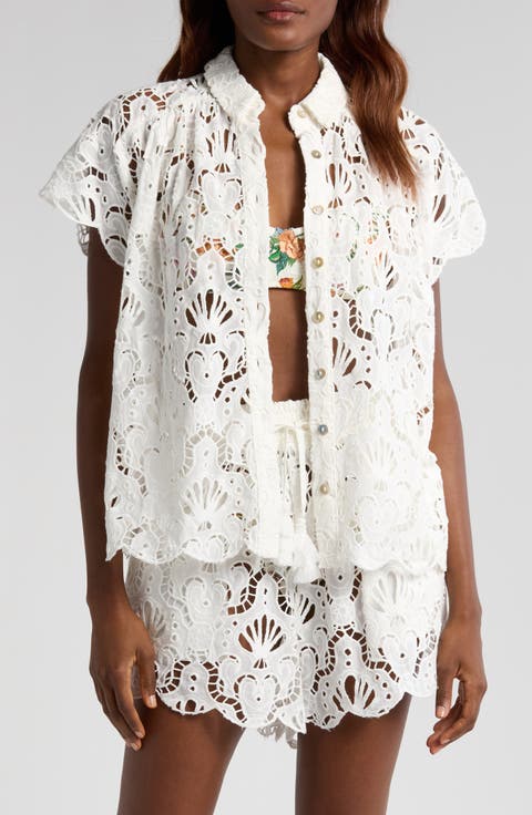 Seashell Embroidered Eyelet Cotton Button-Up Shirt