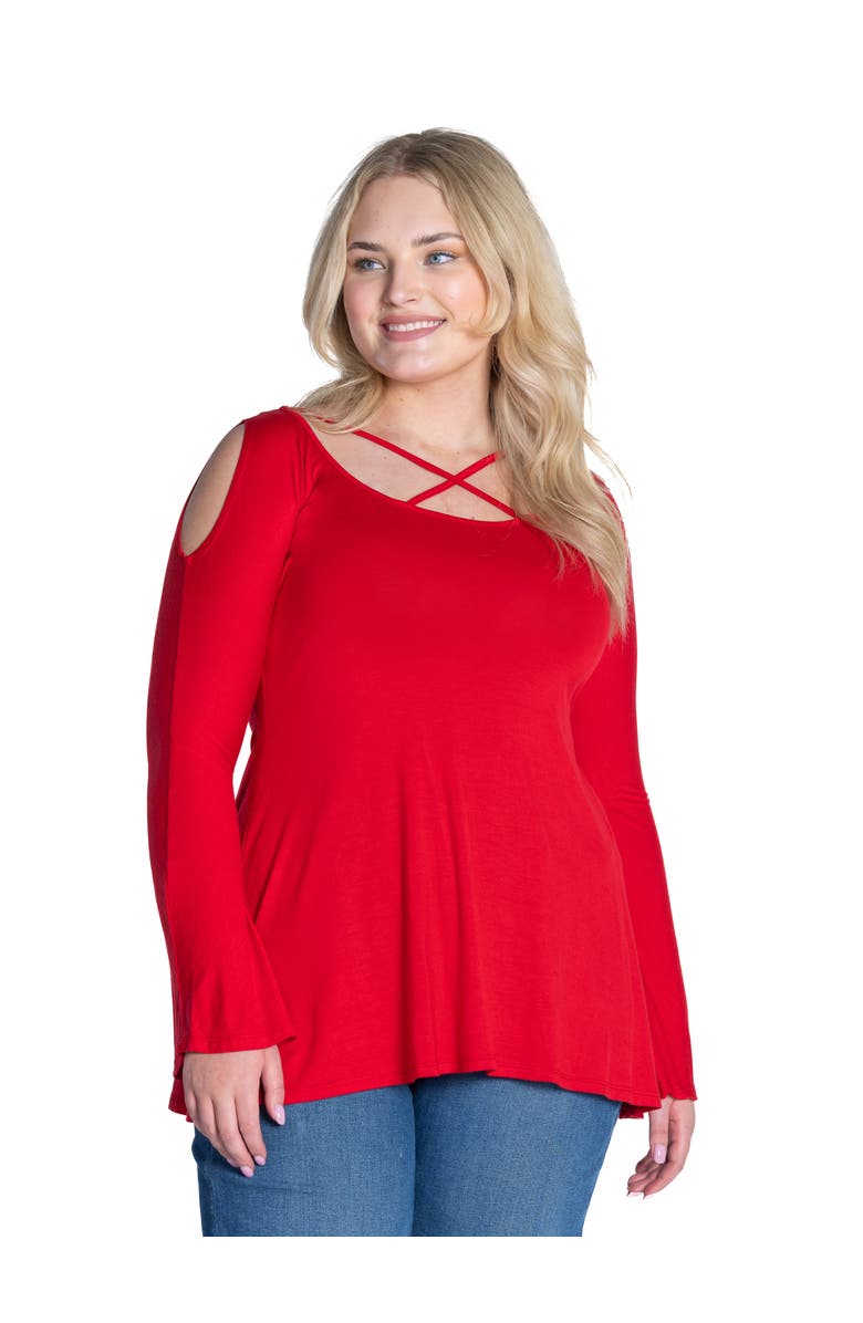 24seven Comfort Apparel Long Sleeve Criss Cross Cold Shoulder Top, Main, color, Red