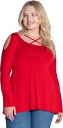24seven Comfort Apparel Long Sleeve Criss Cross Cold Shoulder Top