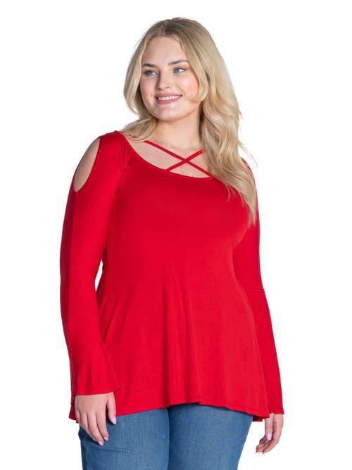 24seven Comfort Apparel Long Sleeve Criss Cross Cold Shoulder Top In Red