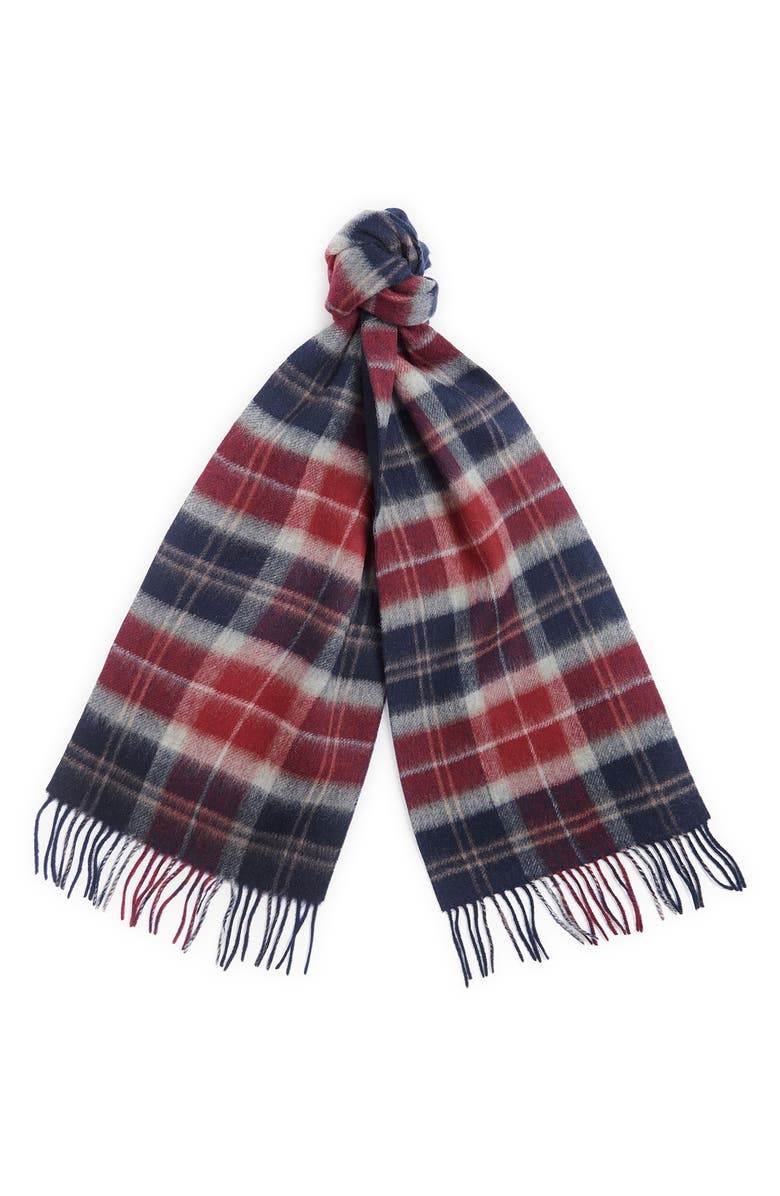 Barbour Galston Tartan Plaid Wool Scarf, Main, color, Cranberry