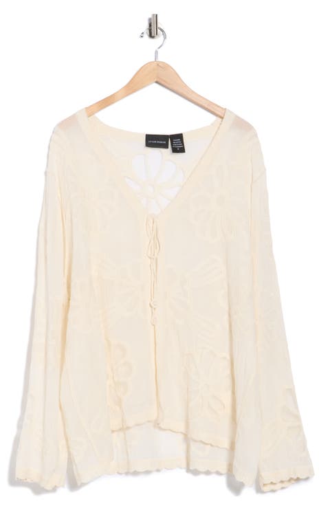 Floral Embroidered Tie Front Cardigan (Plus)