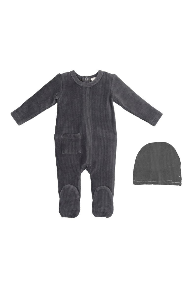 Rib Velour Footie & Hat Set, Main, color, SLATE