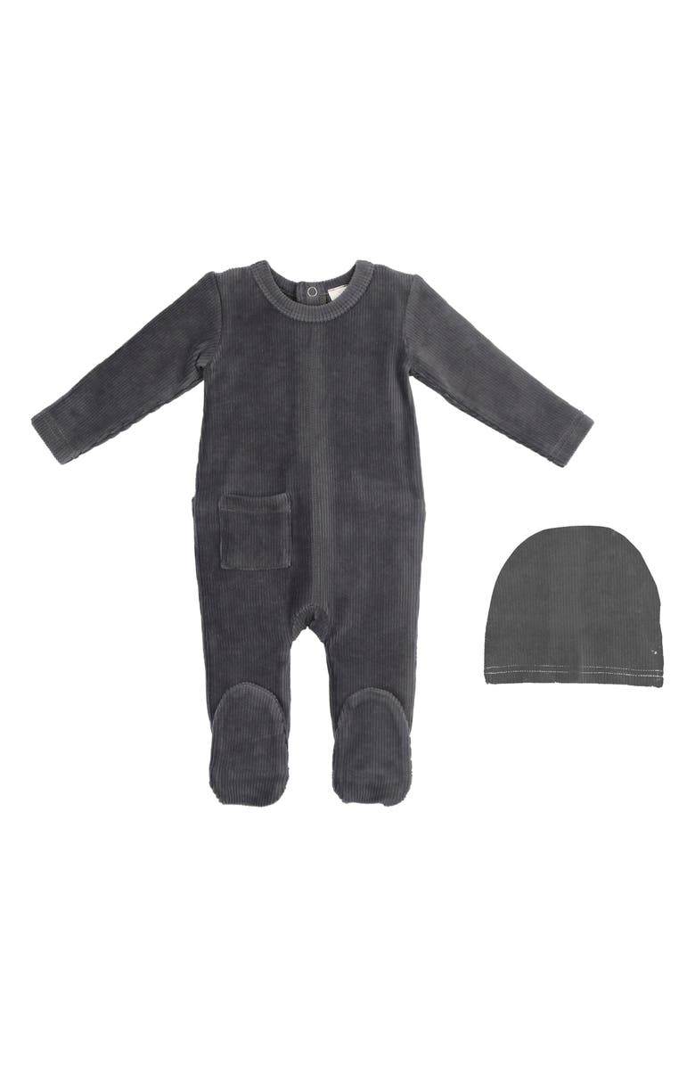 Manière Rib Velour Footie & Hat Set, Main, color, Slate