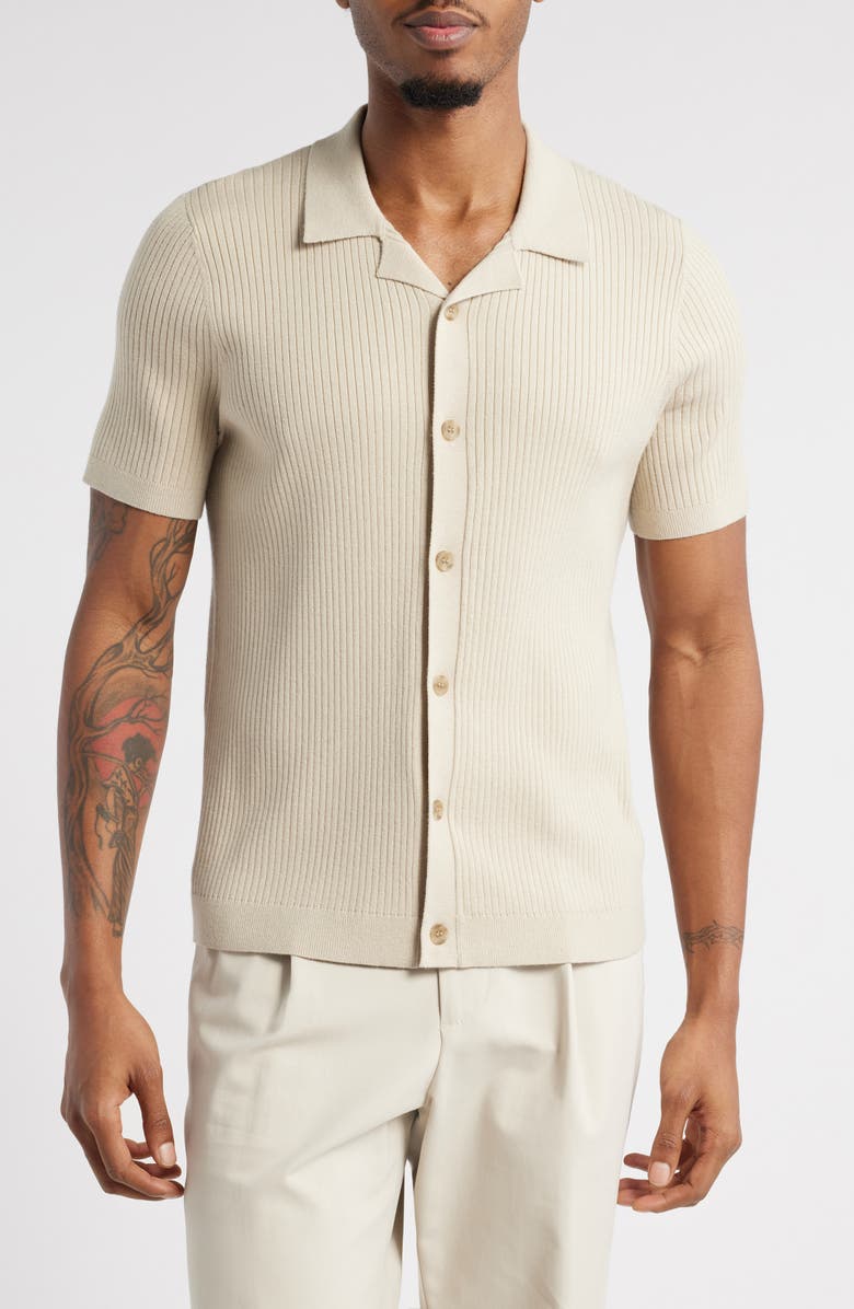 Open Edit Ribbed Short Sleeve Camp Collar Cardigan, Main, color, Beige Birch