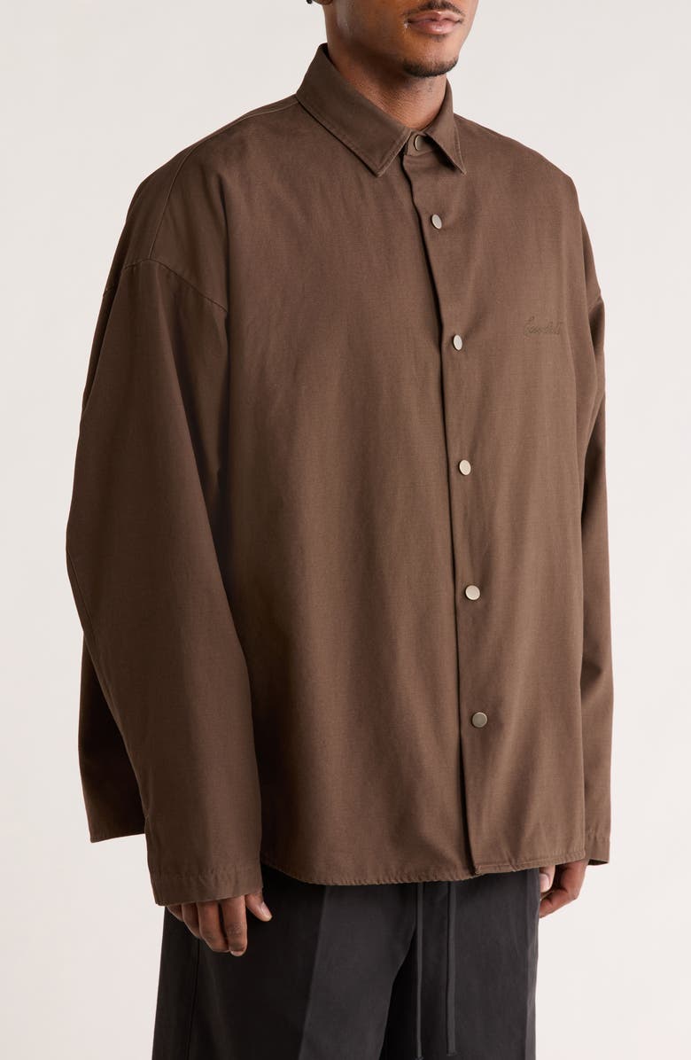 Fear of God Essentials Cotton Canvas Overshirt, Alternate, color, Brown