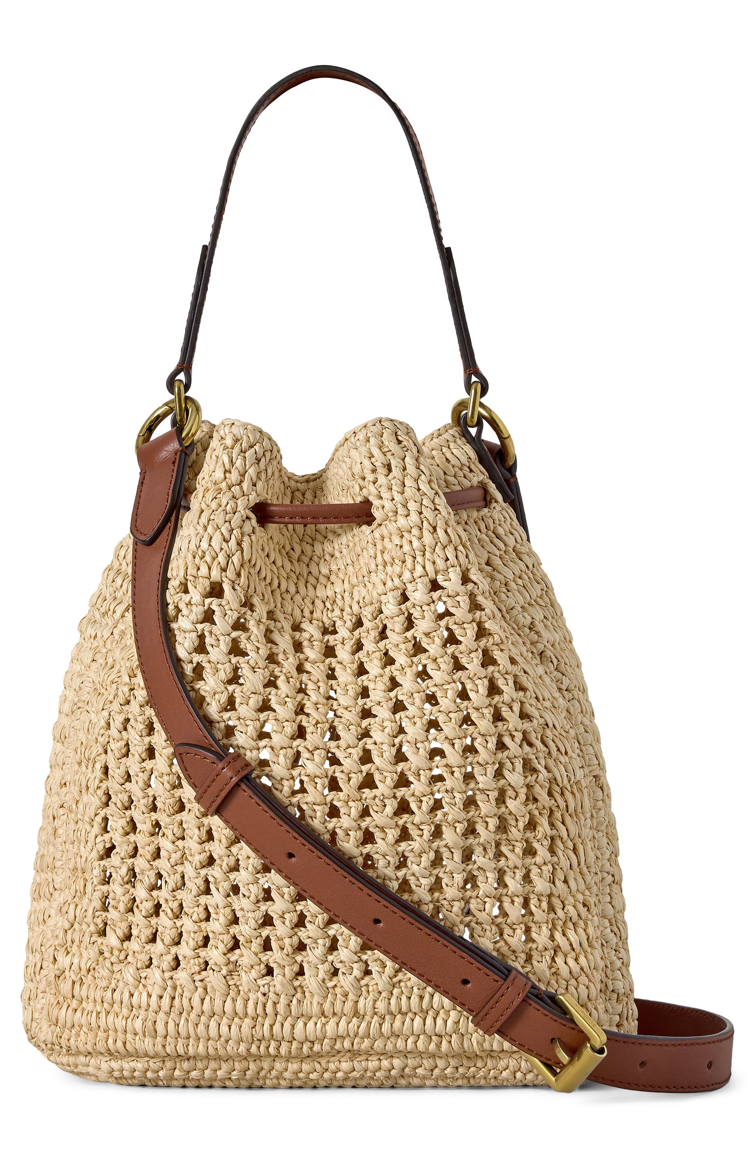Small Crochet Raffia Bucket Bag, Alternate, color, NATURAL