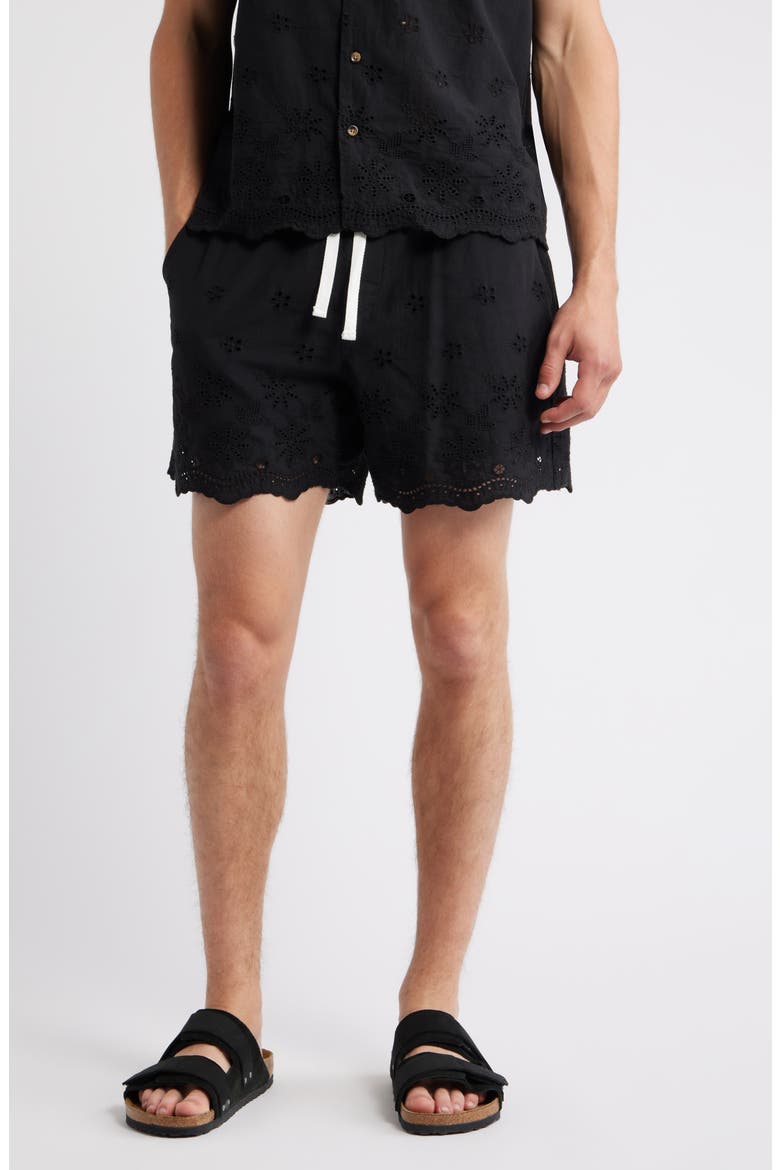 Banks Embroidered Eyelet Cotton Shorts, Main, color, BLACK