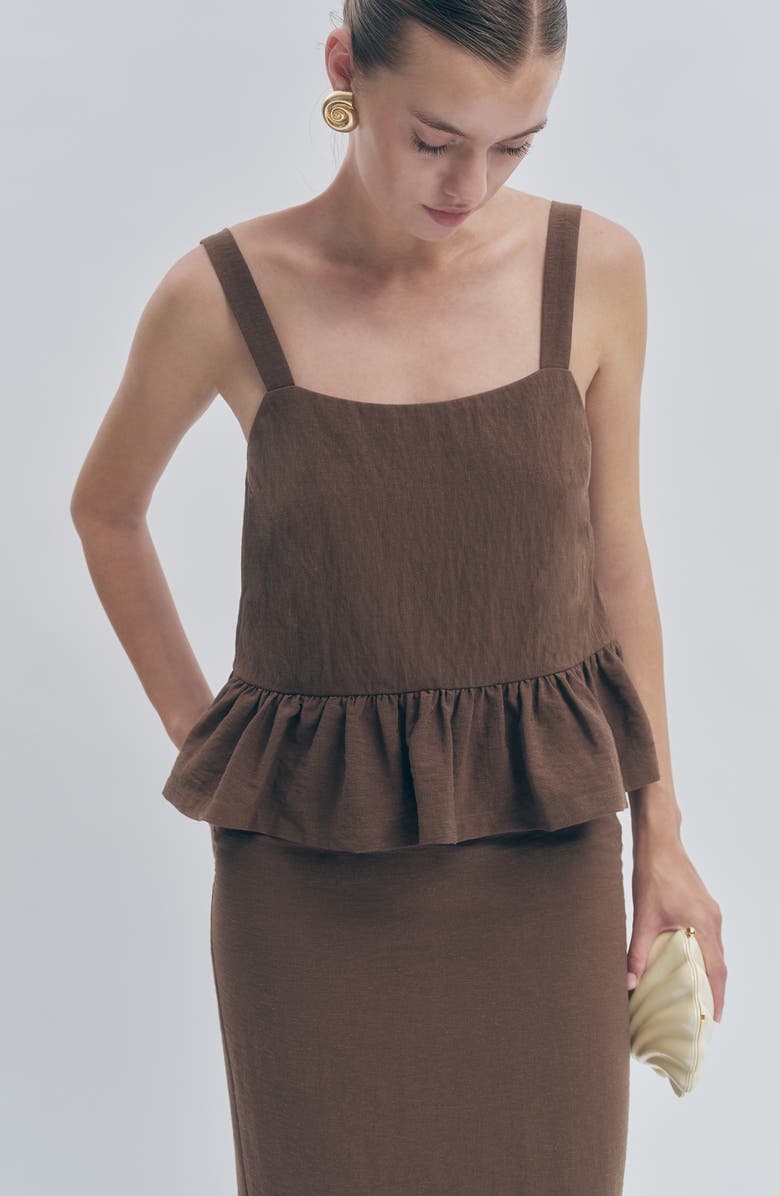 MAUDE CLUB Brandy Peplum Top, Alternate, color, Brown