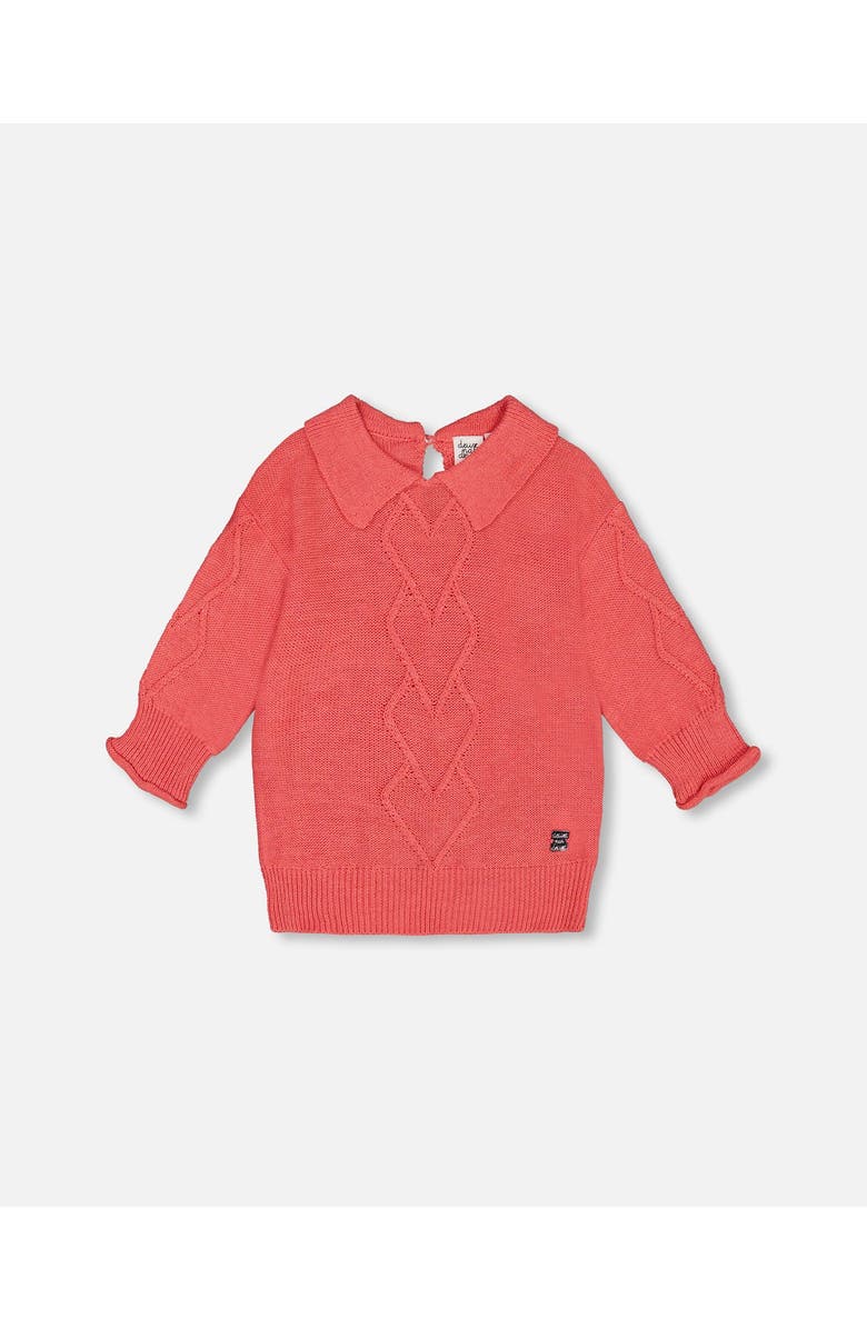 Deux par Deux Little Girl's 3/4 Knit Sweater With Collar Coral, Main, color, 