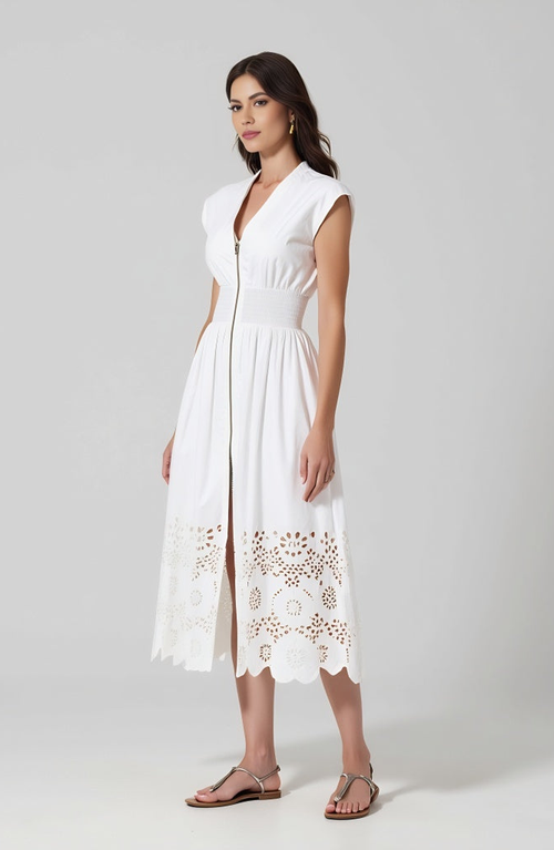 Modenaire Cap Sleeve Midi Dress With Smocked Waist Front Zip And Eyelet Hem In White
