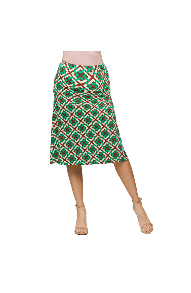 24seven Comfort Apparel Maternity Green Geometric Print Elastic Waist Knee Length Skirt, Main, color, Green Multi
