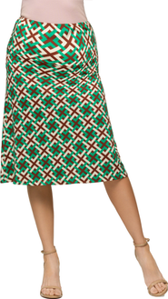 24seven Comfort Apparel Maternity Green Geometric Print Elastic Waist Knee Length Skirt