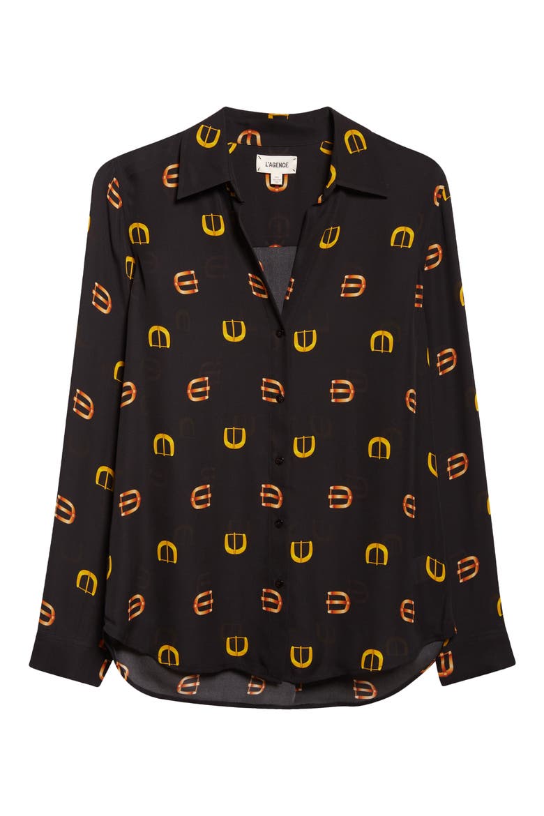 Nina Horsebit Print Silk Button-Up Shirt, Alternate, color, BLACK MULTI CONV BUCKLE