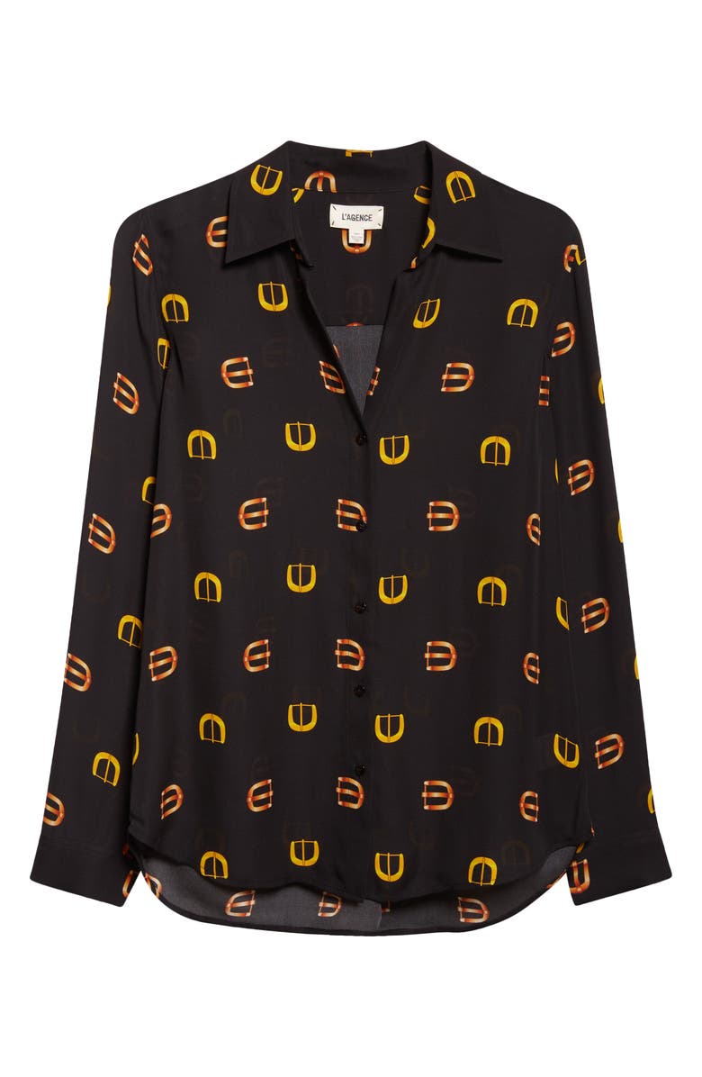 L'AGENCE Nina Horsebit Print Silk Button-Up Shirt, Alternate, color, Black Multi Conv Buckle