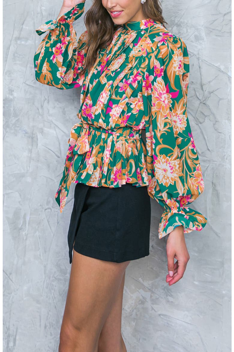 Floral Pleated Long Sleeve Tie Waist Peplum Top, Alternate, color, TEAL GREEN